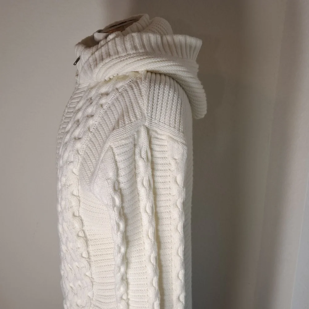 Makobi Men’s Streetwear Sweater Cable Knit Zip Cardigan Cream Hooded Pockets XL - Picture 5 of 15